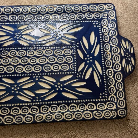 Temptations Rectangular Platter Serving Tray Platter  Embroidery Theme Navy - Picture 3 of 7